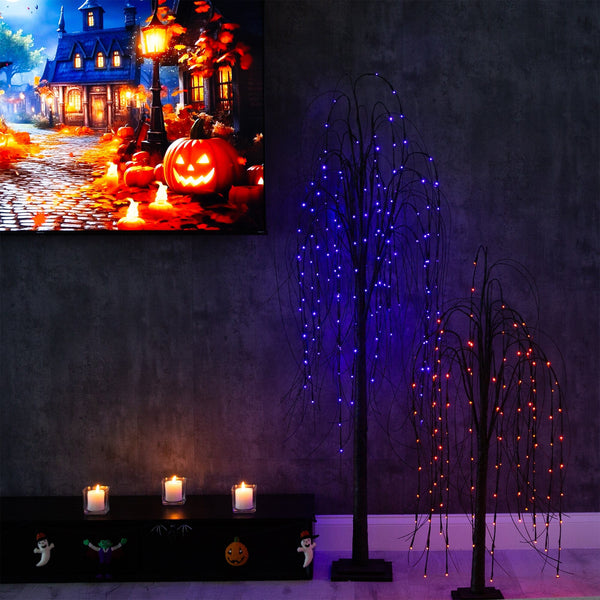 6’ Pre-Lit Halloween Black Willow Artificial Fall Tree with 160 Orange & Purple LED Lights