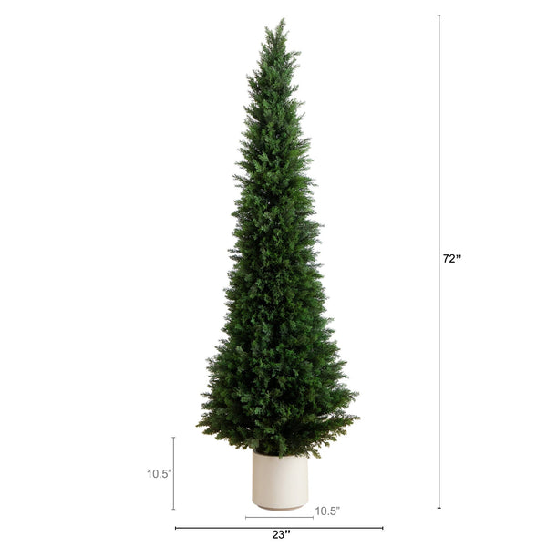 6’ UV Resistant Artificial Cedar Tree in Decorative White Planter (Indoor/Outdoor)