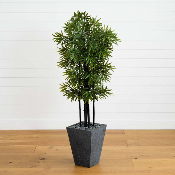 61” Bamboo Artificial Tree with Black Trunks in Slate Planter (Indoor/Outdoor)