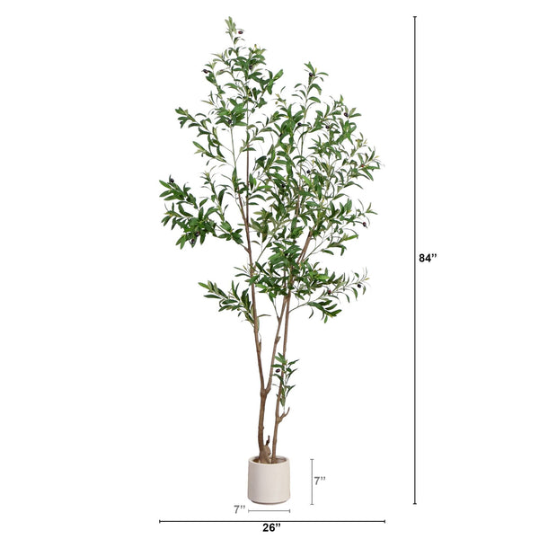 7’ Artificial Minimalist Olive Tree in White Decorative Planter