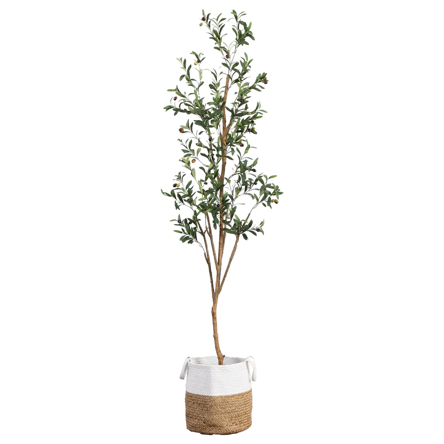 7’ Artificial Olive Tree with Natural Trunk and Handmade Jute Basket