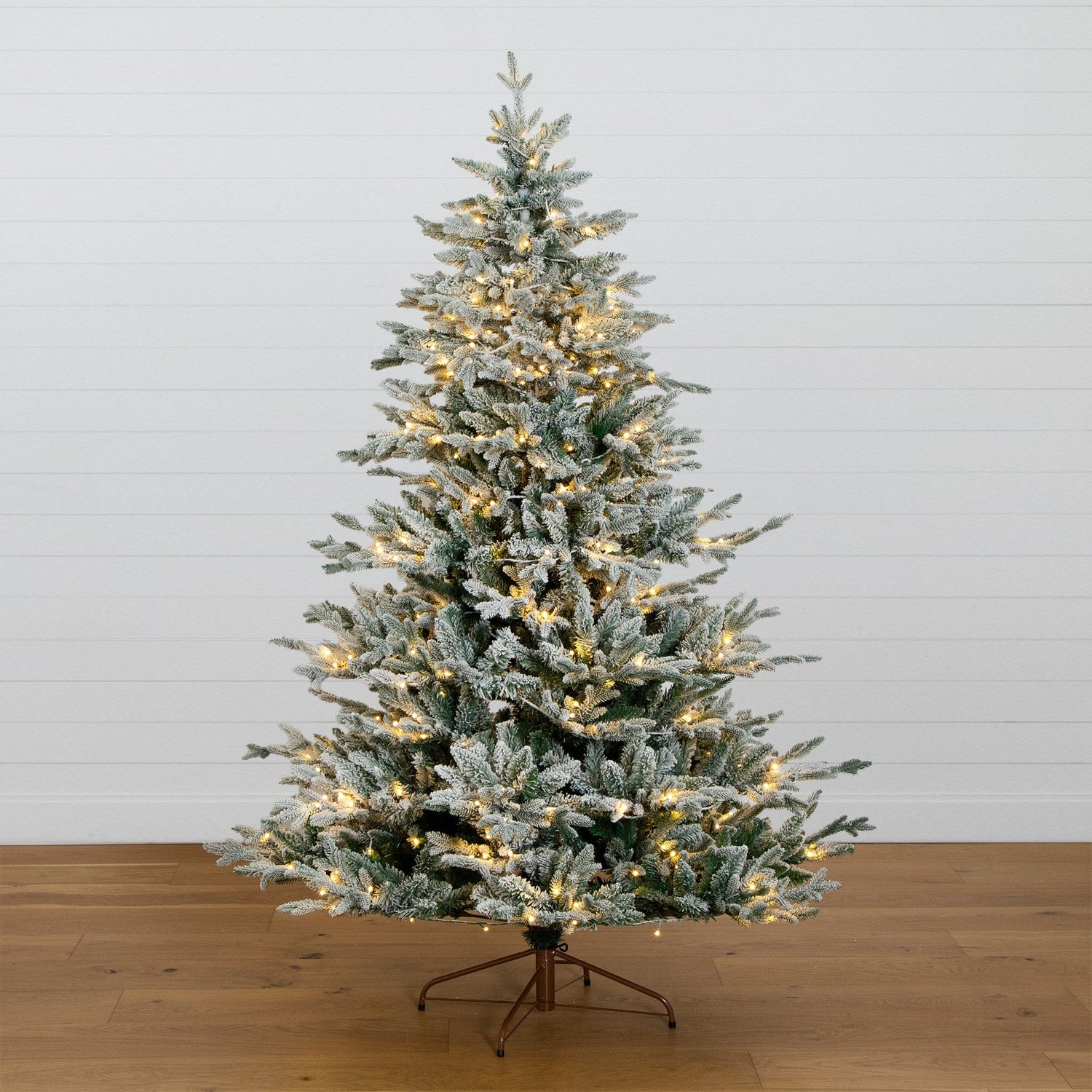 7' Pre-Lit Artificial Fraser Fir Flocked Christmas Tree with Instant Connect Technology and 400 Warm White LED Lights