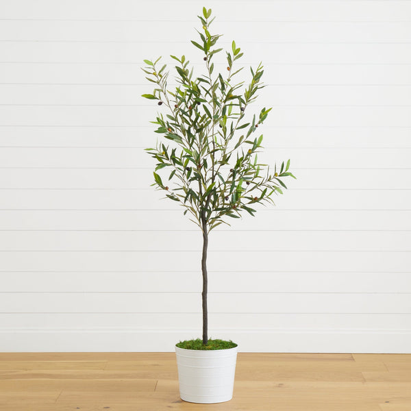 70” Olive Artificial Tree in White Tin Planter