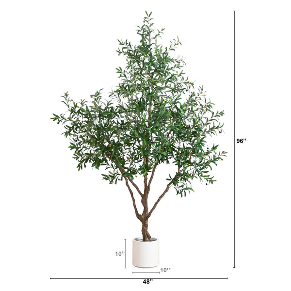 8’ Artificial Grand Olive Tree in White Decorative Planter