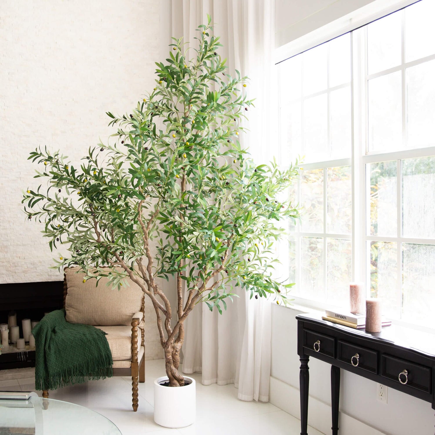 8’ Artificial Grand Olive Tree in White Decorative Planter