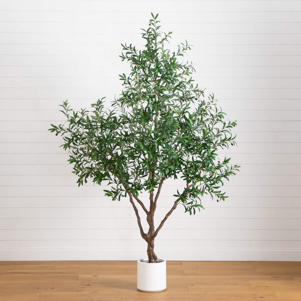 8’ Artificial Grand Olive Tree in White Decorative Planter