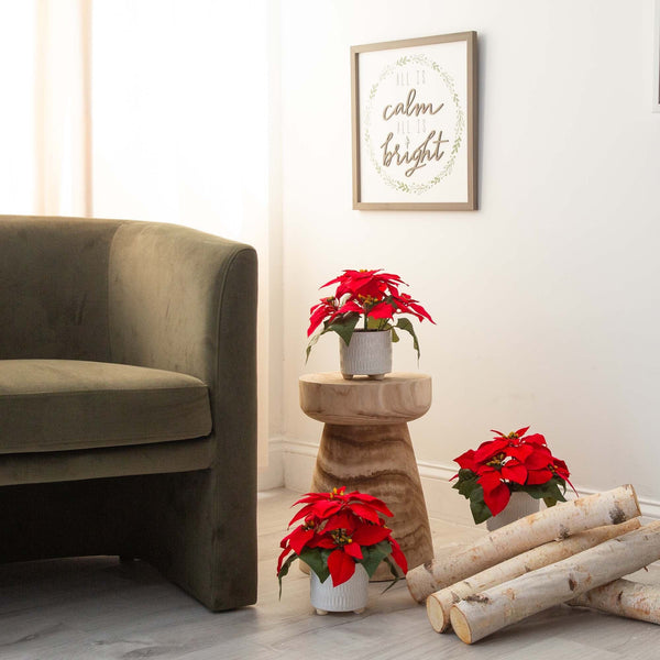 9” Artificial Poinsettia Arrangements in White Ceramic Pots - Set of 3