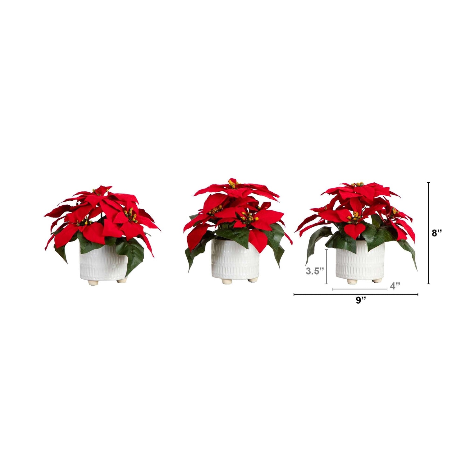 9” Artificial Poinsettia Arrangements in White Ceramic Pots - Set of 3