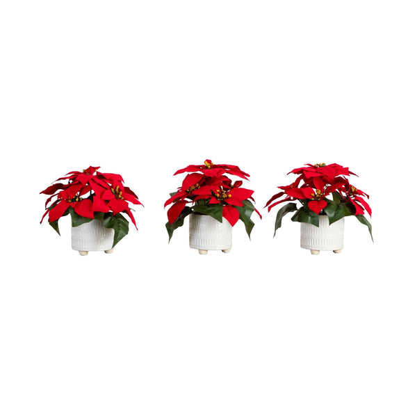 9” Artificial Poinsettia Arrangements in White Ceramic Pots - Set of 3