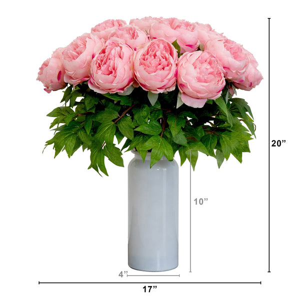 Signature Collection 20” Peony Artificial Arrangement in White  Glass Vase