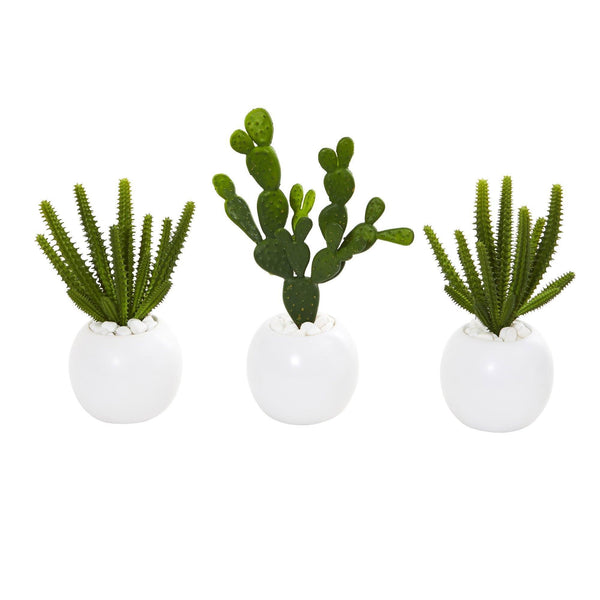 10” Cactus Succulent Artificial Plant in White Vase (Set of 3)