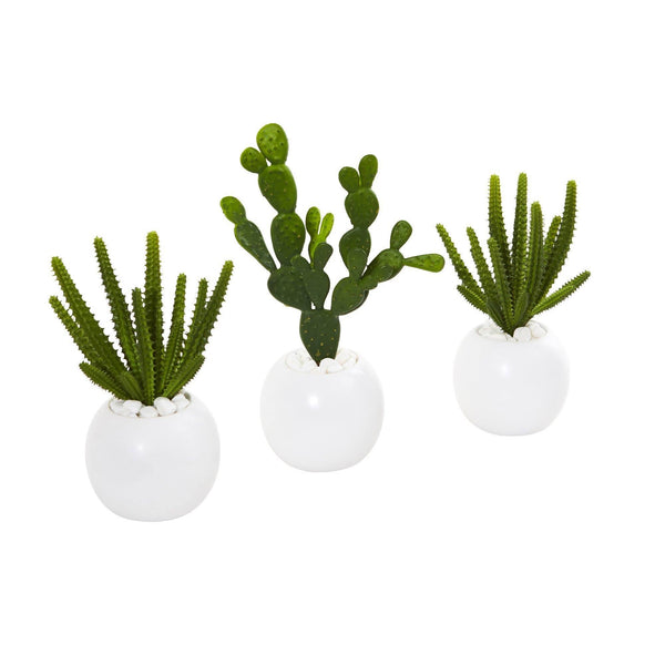 10” Cactus Succulent Artificial Plant in White Vase (Set of 3)