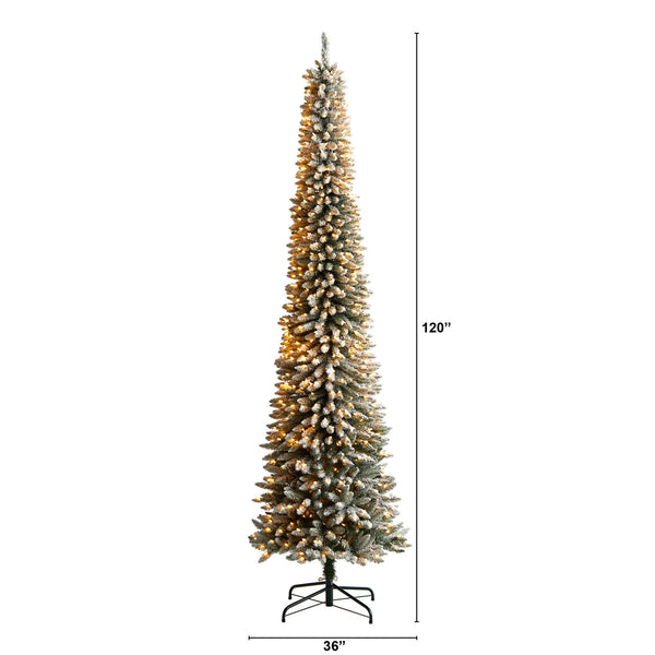 10’ Flocked Pencil Artificial Christmas Tree with 700 Clear Lights and 1145 Bendable Branches