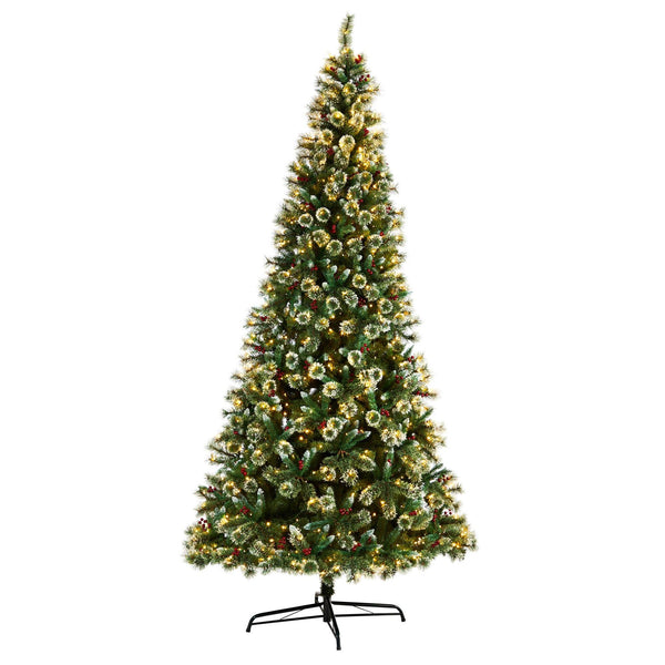 10’ Frosted Swiss Pine Artificial Christmas Tree with 850 Clear LED Lights and Berries