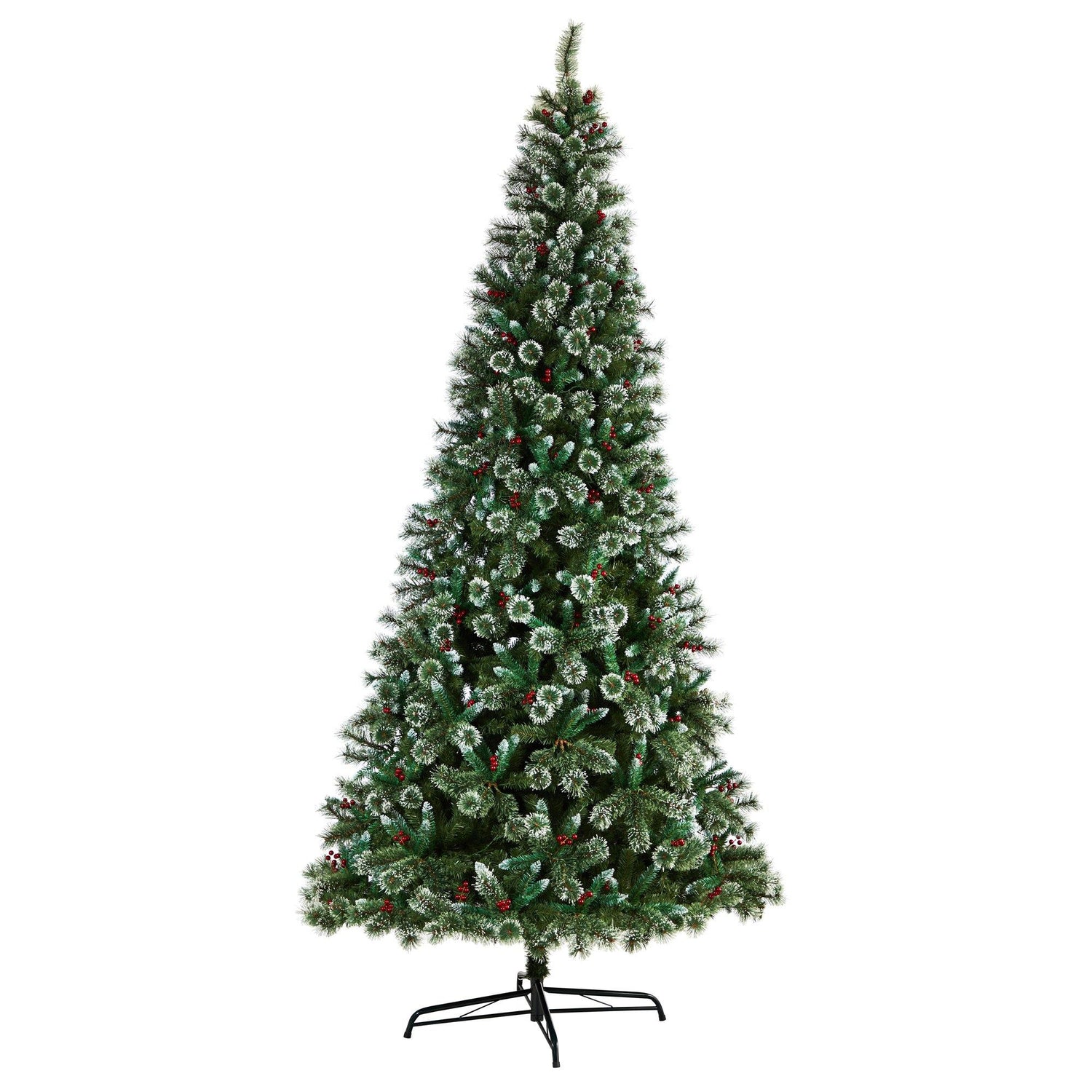 10’ Frosted Swiss Pine Artificial Christmas Tree with 850 Clear LED Lights and Berries