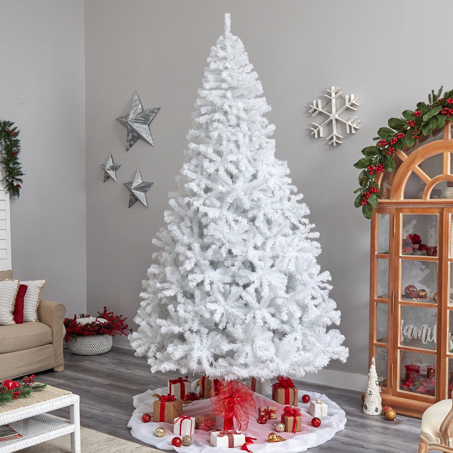 10' White Artificial Christmas Tree with 2200 Bendable Branches and 800 LED Lights