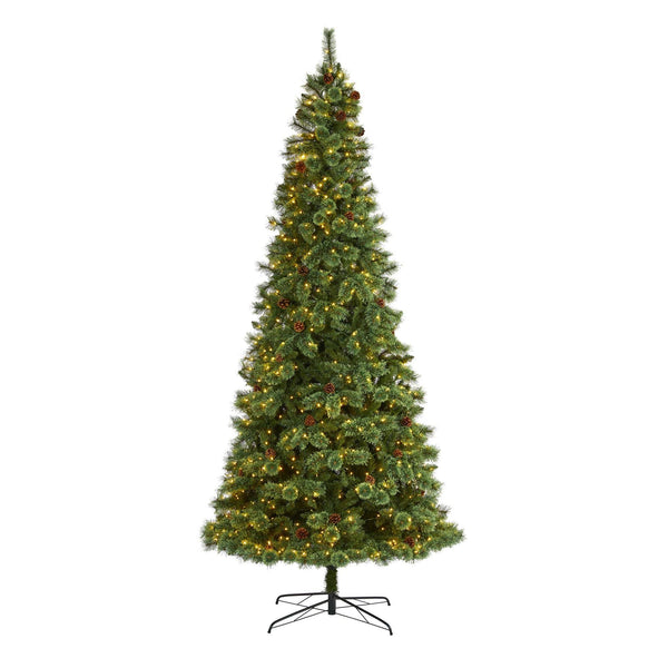 10’ White Mountain Pine Artificial Christmas Tree with 850 Clear LED Lights and Pine Cones