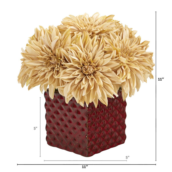 11” Dahlia Artificial Arrangement in Red Ceramic Cube