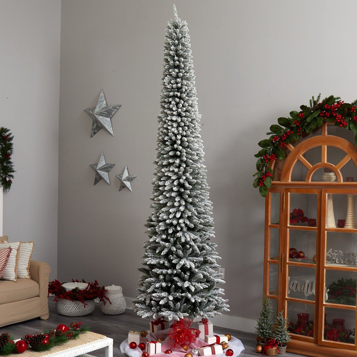 11’ Flocked Pencil Artificial Christmas Tree with 850 Clear Lights and 1435 Bendable Branches