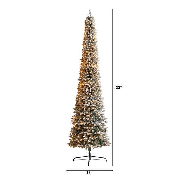 11’ Flocked Pencil Artificial Christmas Tree with 850 Clear Lights and 1435 Bendable Branches