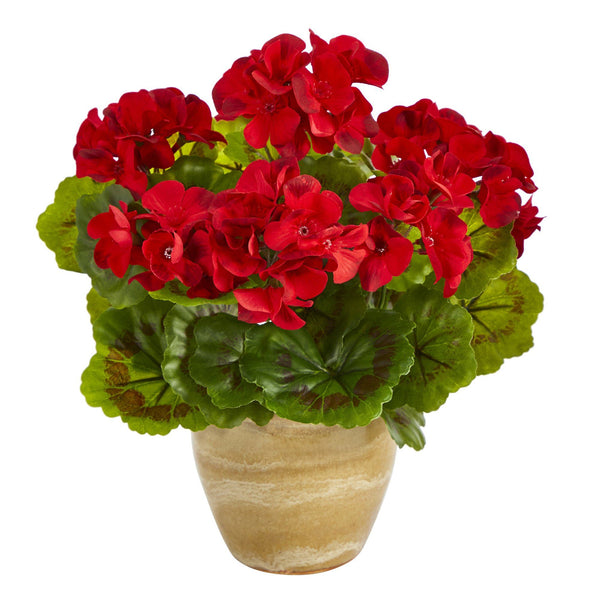 11” Geranium Artificial Plant in Ceramic Planter UV Resistant (Indoor/Outdoor)