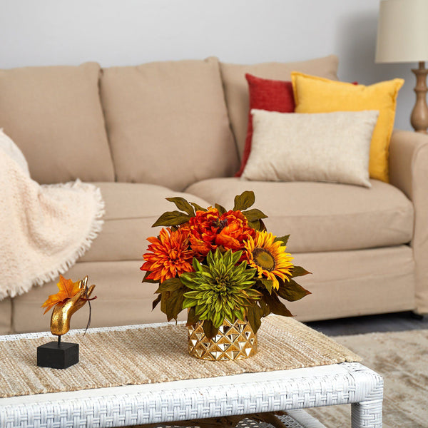 11” Peony, Dahlia and Sunflower Artificial Arrangement in Gold Vase