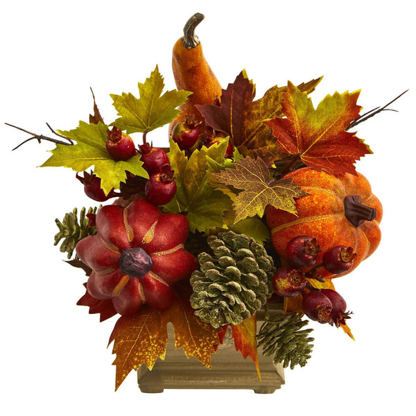 11" Pumpkin, Gourd, Berry and Maple Leaf Artificial Arrangement"