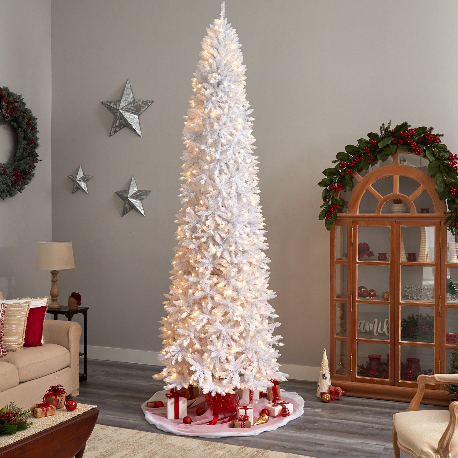 11’ Slim White Artificial Christmas Tree with 950 Warm White LED Lights and 2836 Bendable Branches