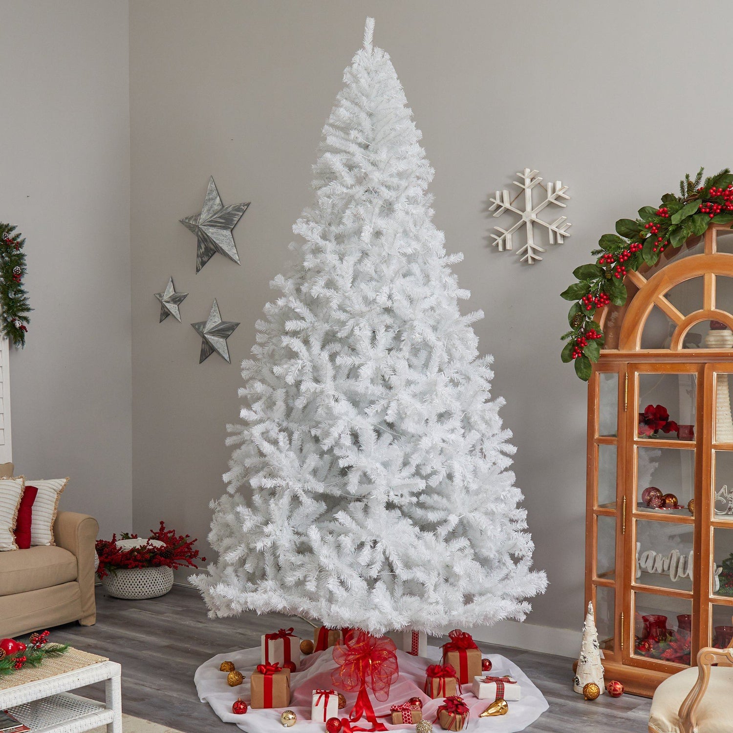 11' White Artificial Christmas Tree with 2720 Bendable Branches and 1000 LED Lights