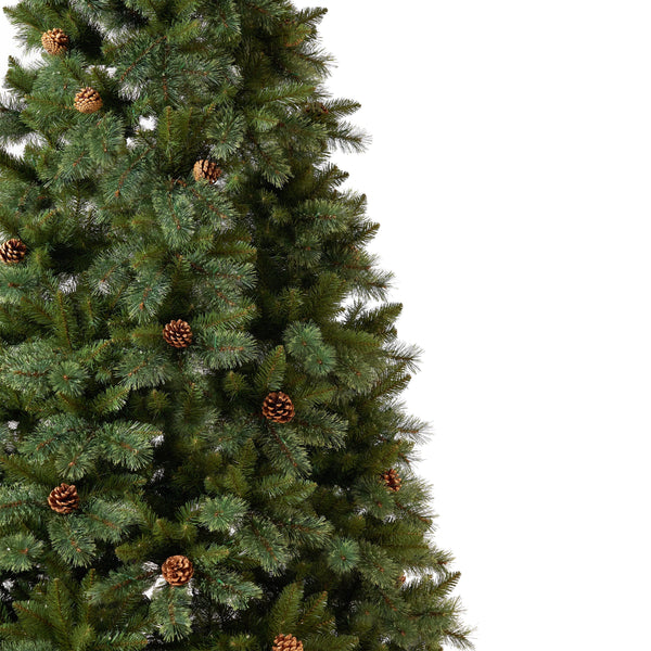 11’ White Mountain Pine Artificial Christmas Tree with 1050 Clear LED Lights, Pine Cones and 2395 Bendable Branches