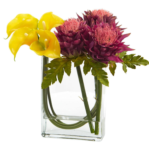 12’’ Calla Lily and Artichoke in Rectangular Glass Vase Artificial Arrangement
