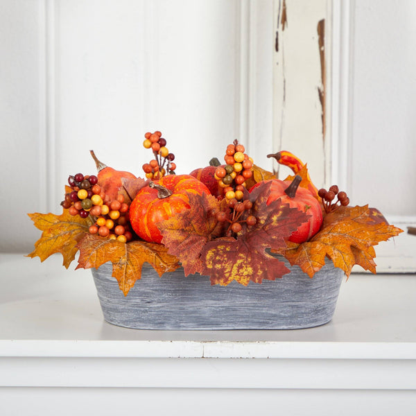 12” Fall Pumpkin and Berries Autumn Harvest Artificial Arrangement in Washed Vase