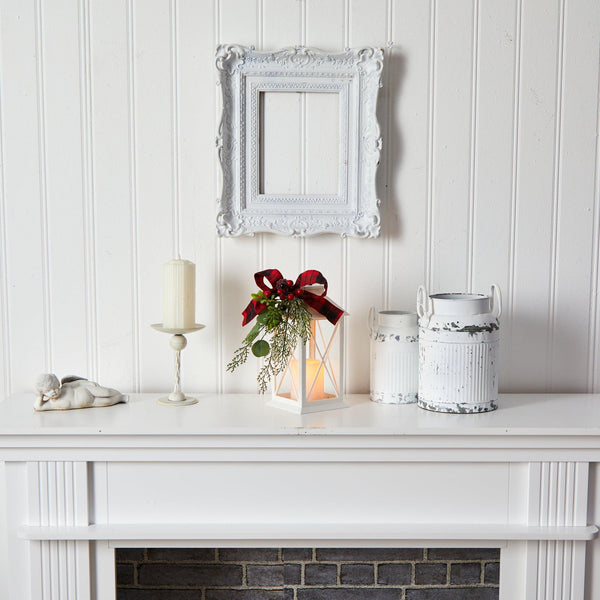 12" Holiday White Lantern With Berries, Pine and Plaid Bow Christmas Table Arrangement"