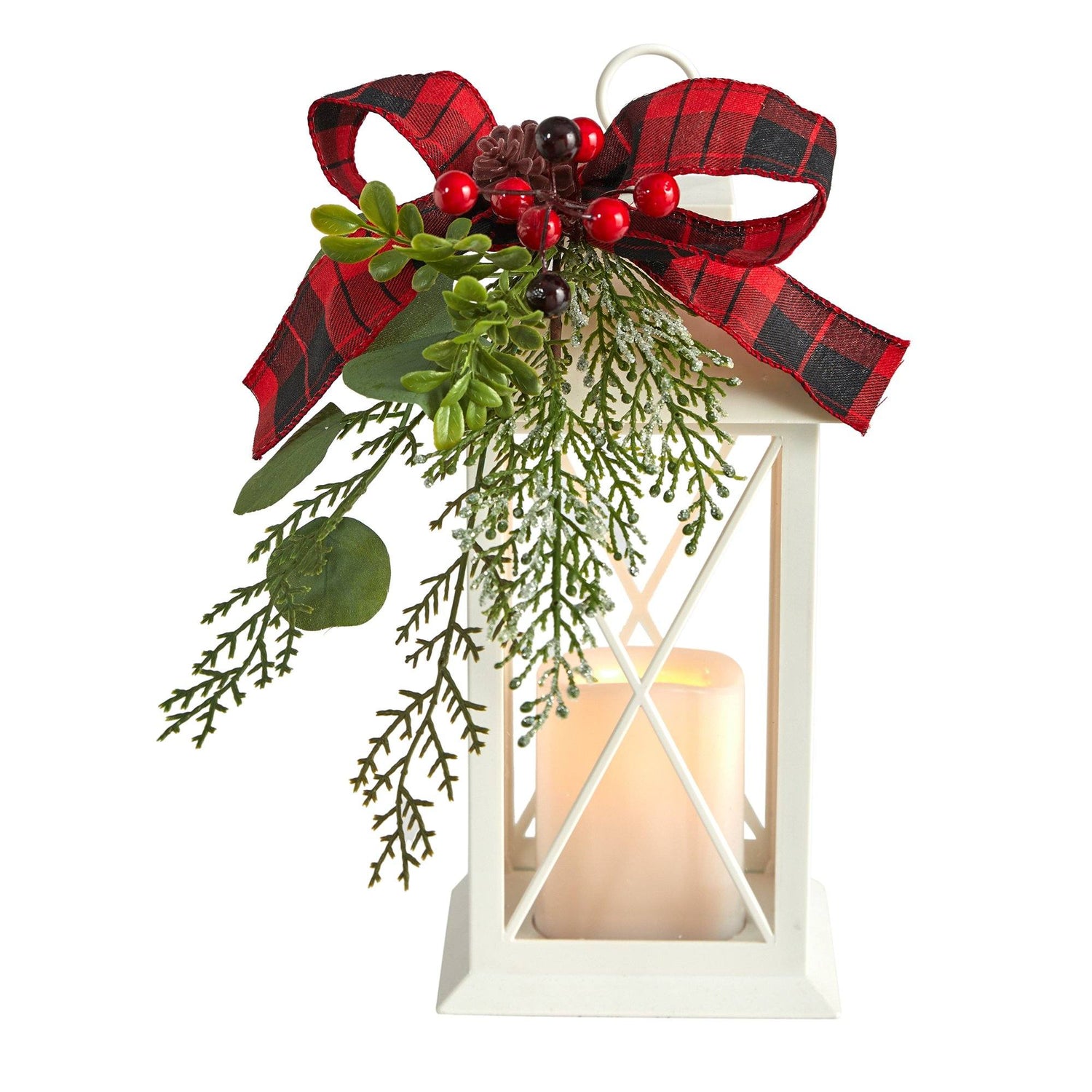 12" Holiday White Lantern With Berries, Pine and Plaid Bow Christmas Table Arrangement"