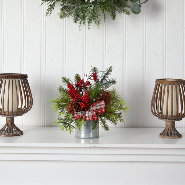 12” Holiday Winter Pinecones, Berries, Greenery and Plaid Bow Artificial Christmas Table Arrangement