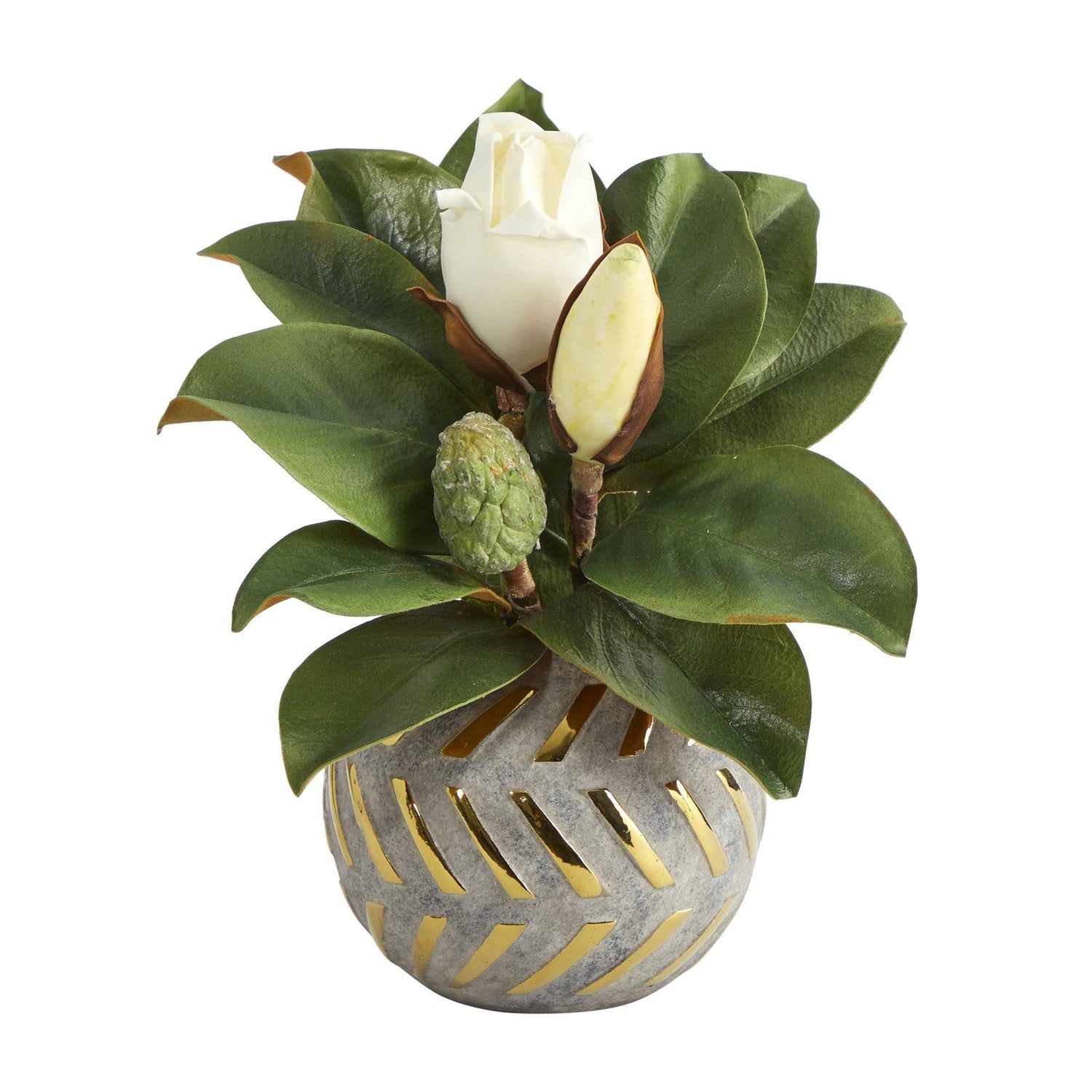 12” Magnolia Artificial Plant in Planter with Gold Trimming