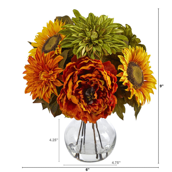 12” Peony, Dahlia and Sunflower Artificial Arrangement in Glass Vase