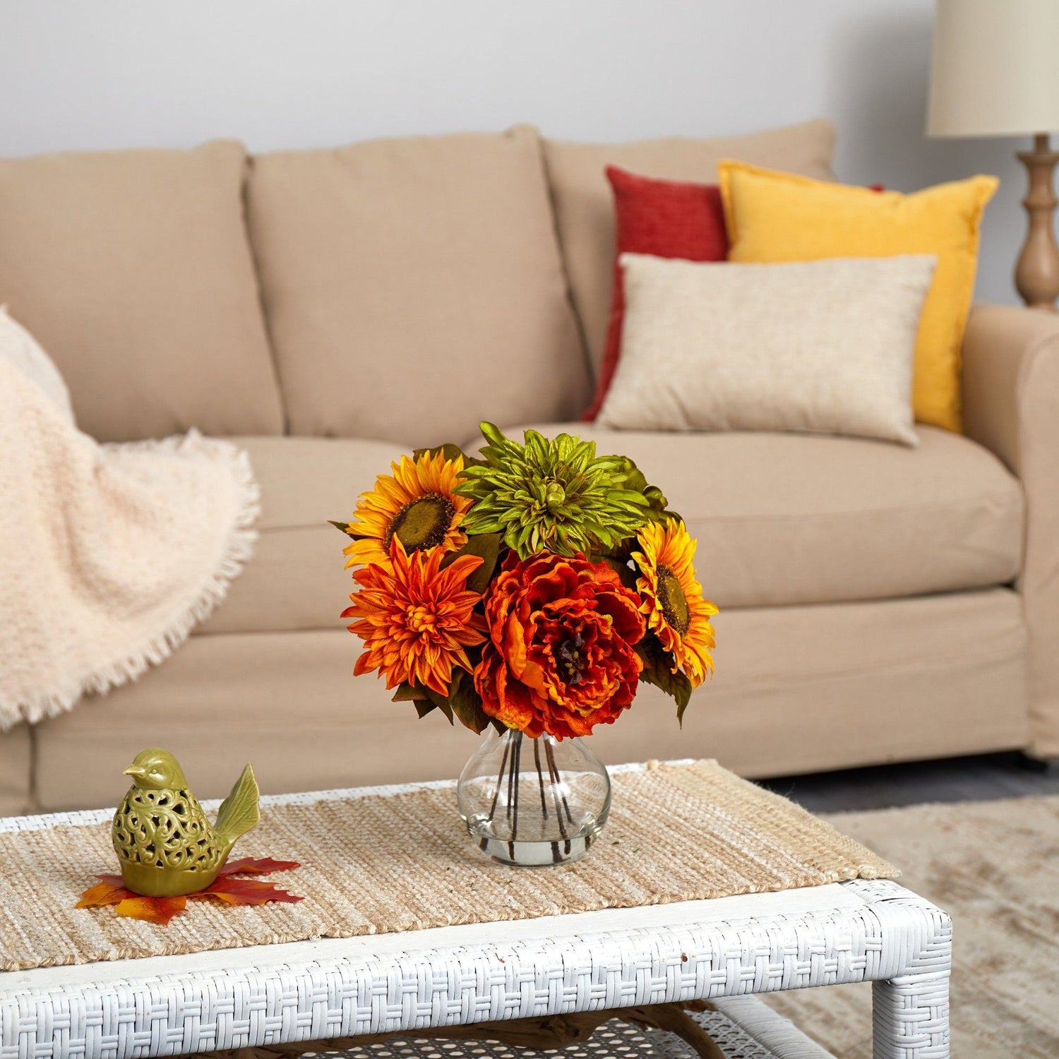 12” Peony, Dahlia and Sunflower Artificial Arrangement in Glass Vase