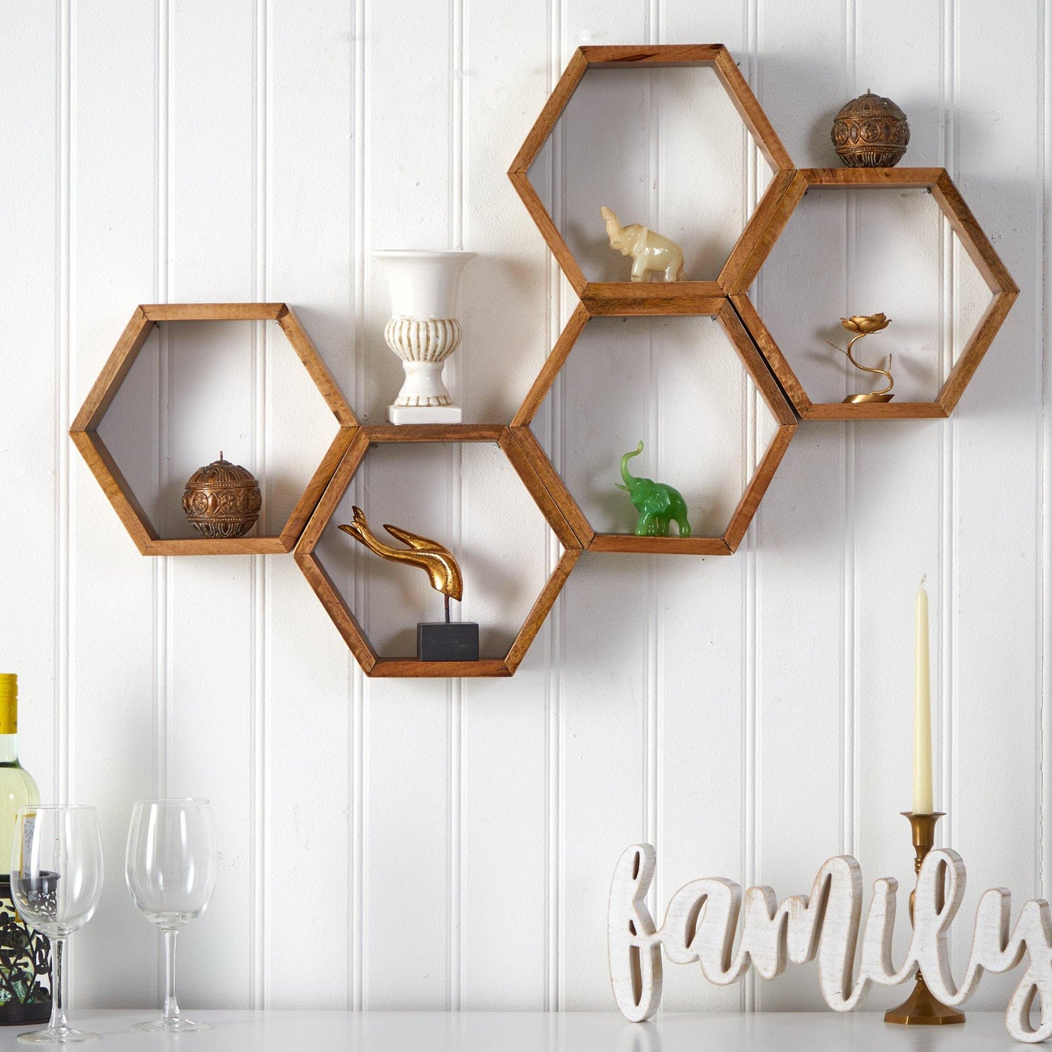 12” Wooden Hexagon Floating Honeycomb Shelve (Set of 5)