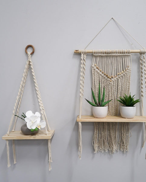 12” x 22” Hand Woven Macrame Wall Hanging with Wooden Shelf