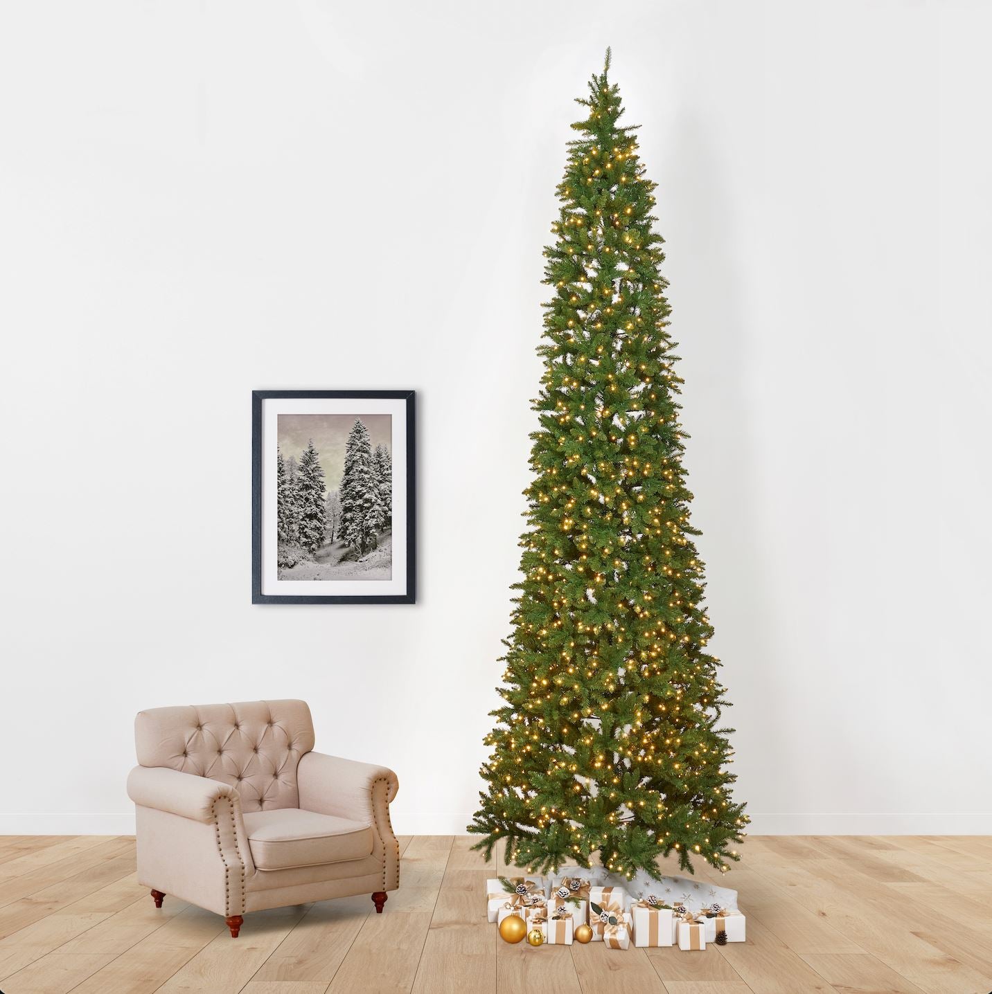 13’ Artificial Slim Green Mountain Pine Christmas Tree with 1360 Warm White LED Lights and 3924 Bendable Branches