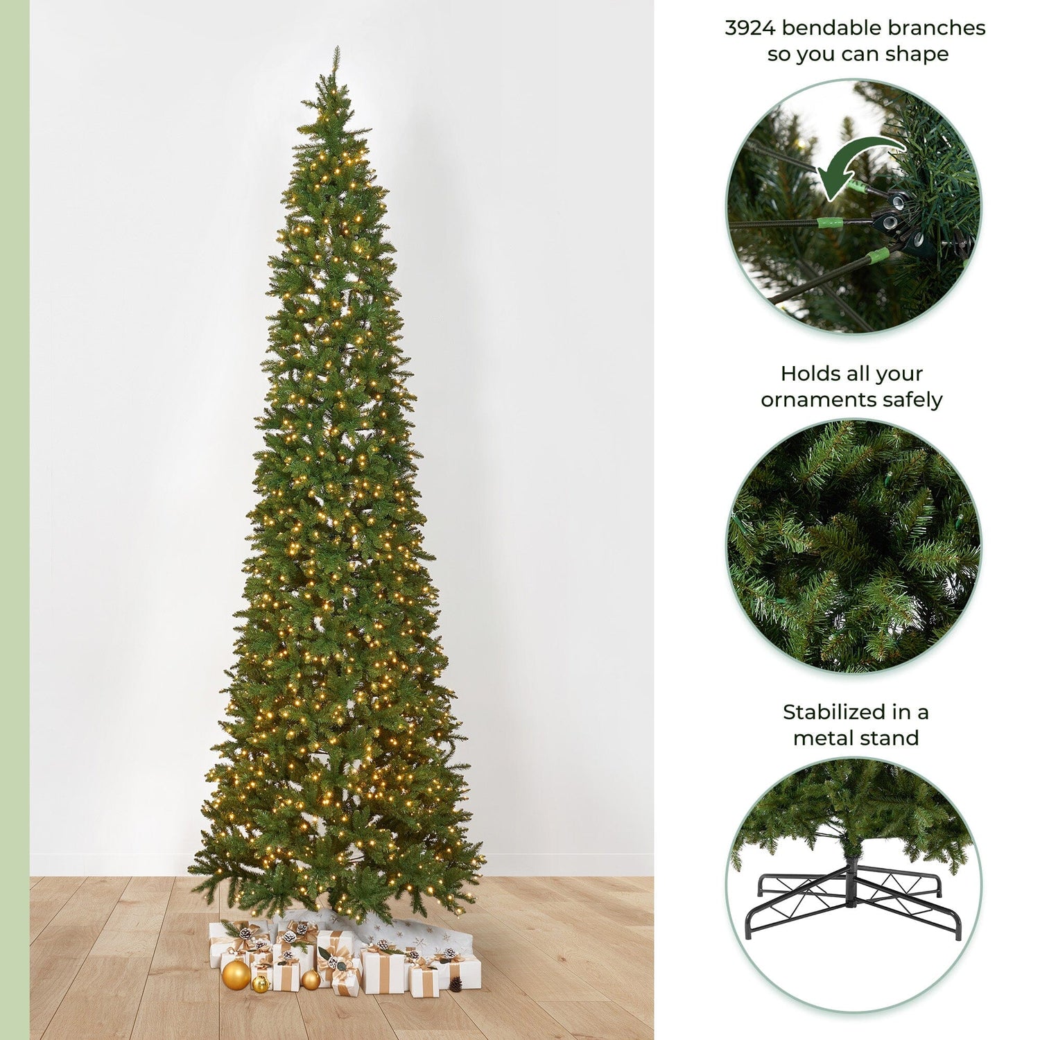 13’ Artificial Slim Green Mountain Pine Christmas Tree with 1360 Warm White LED Lights and 3924 Bendable Branches