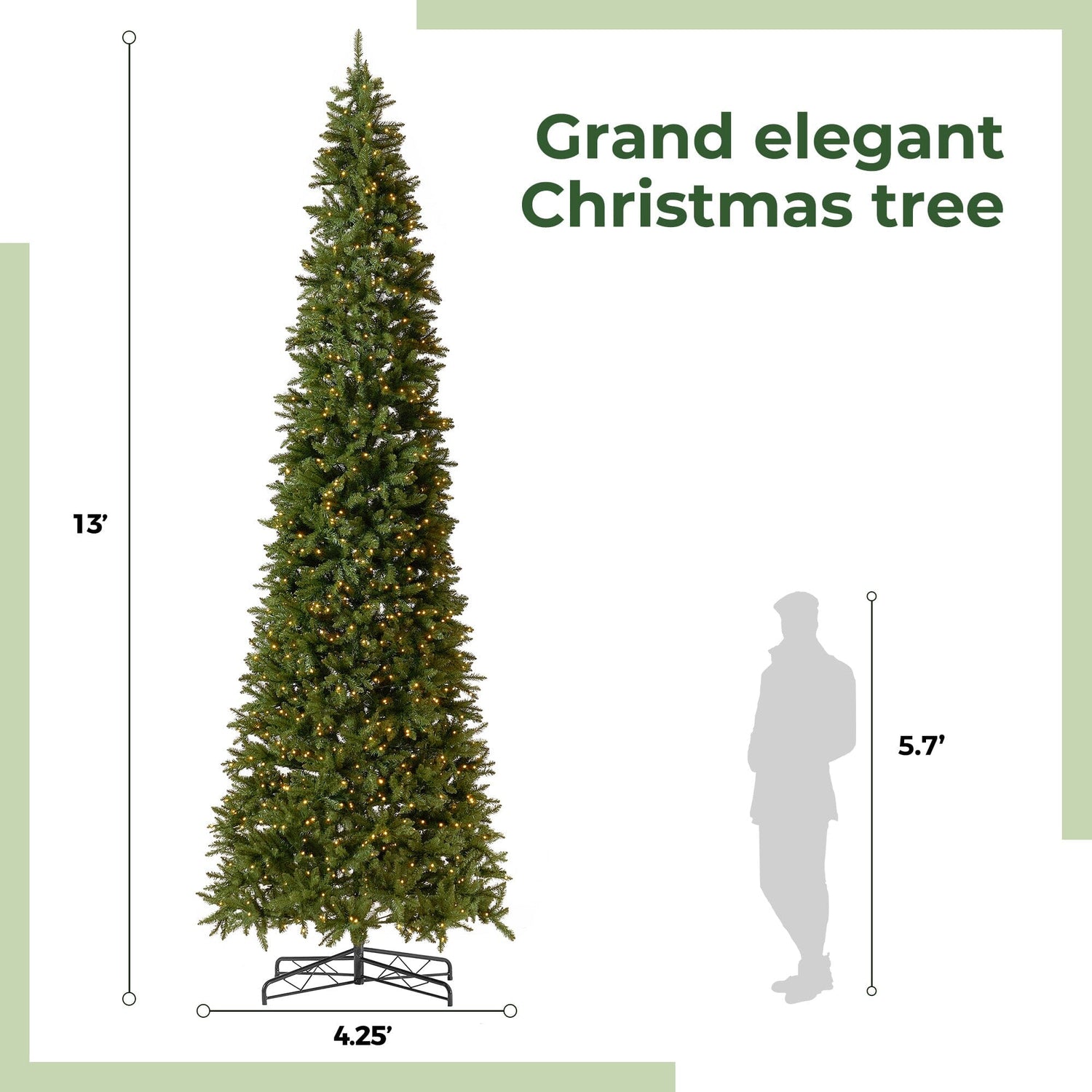 13’ Artificial Slim Green Mountain Pine Christmas Tree with 1360 Warm White LED Lights and 3924 Bendable Branches