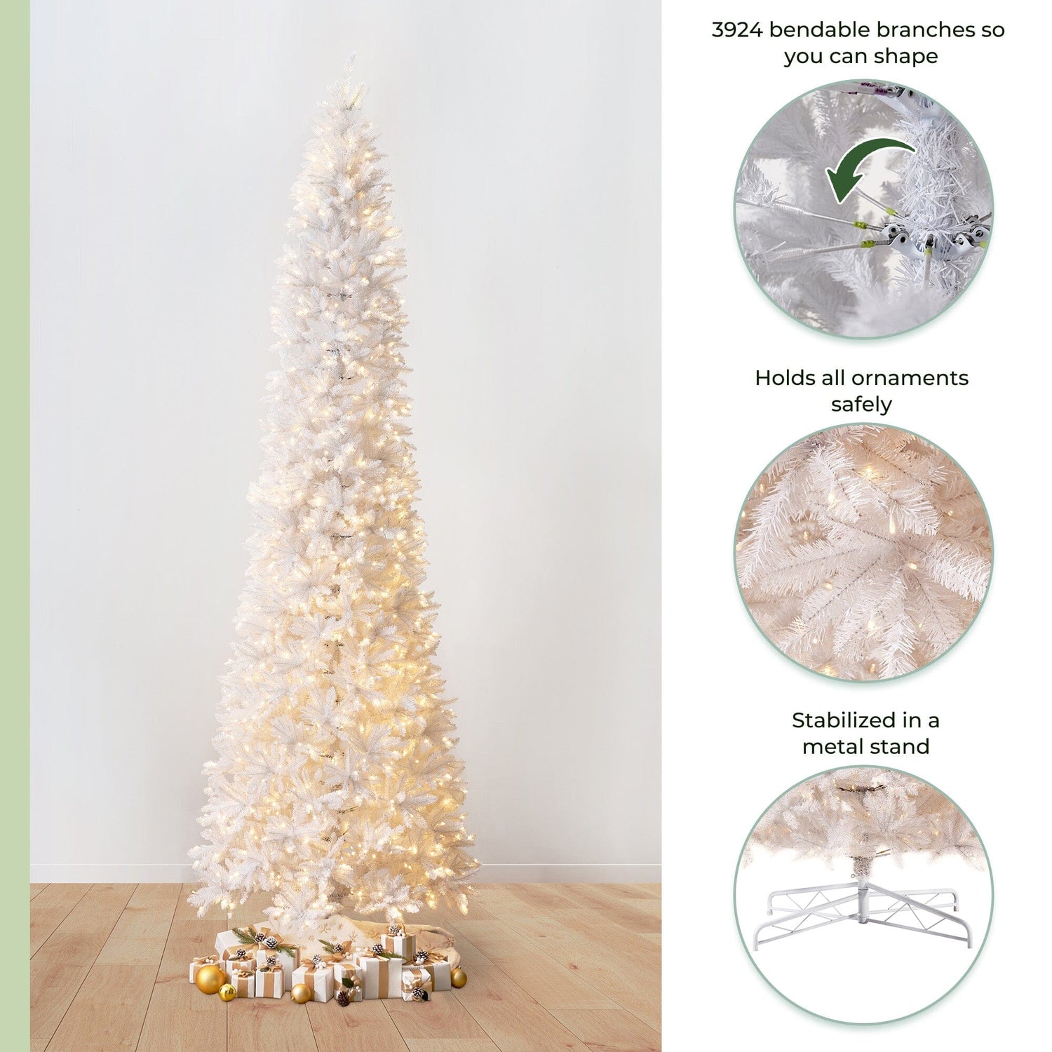 13’ Slim White Artificial Christmas Tree with 1350 Warm White LED Lights and 3924 Bendable Branches