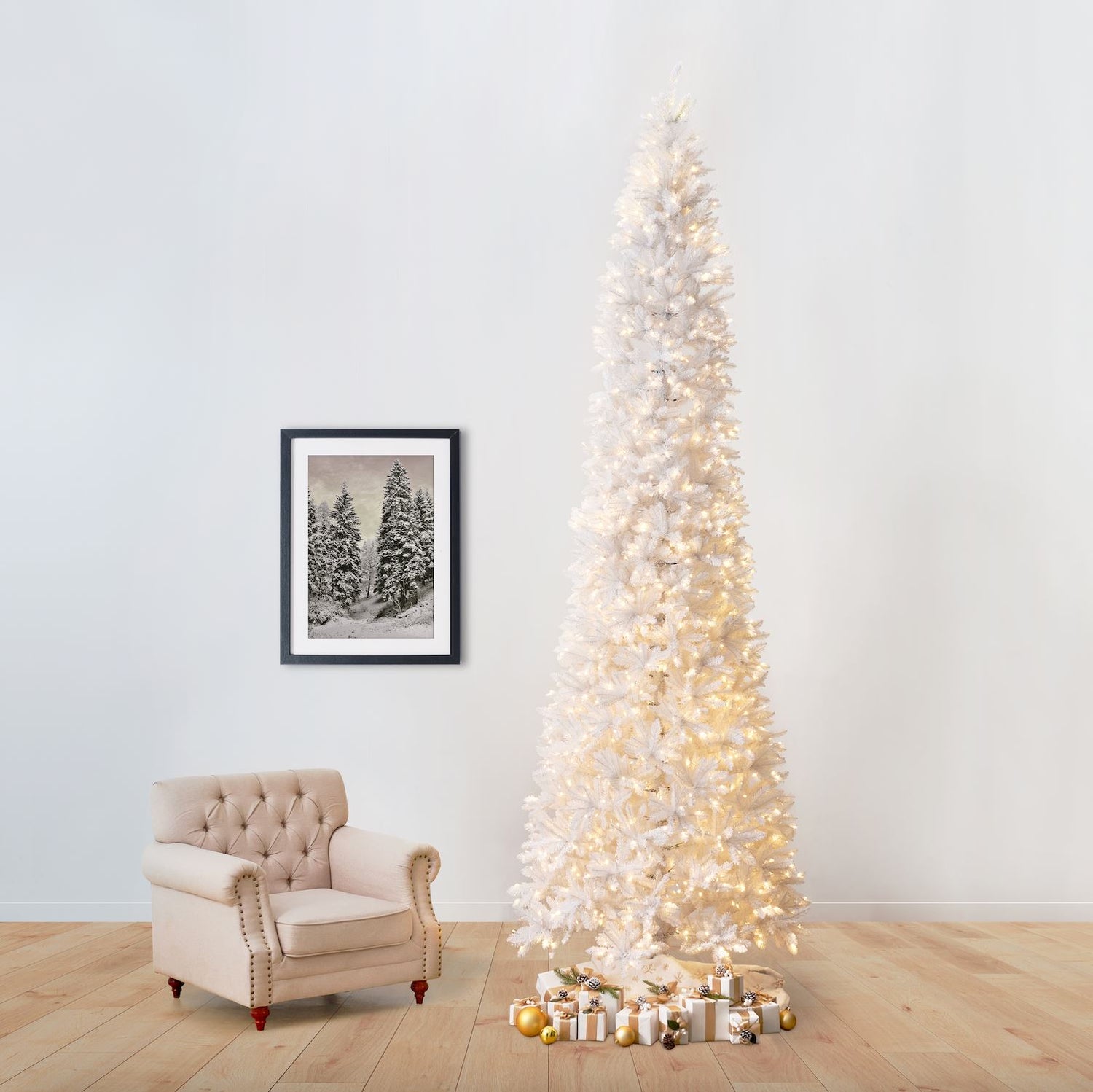 13’ Slim White Artificial Christmas Tree with 1350 Warm White LED Lights and 3924 Bendable Branches