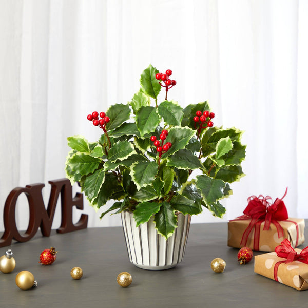 13” Variegated Holly Leaf Artificial Plant in White Planter with Silver Trimming (Real Touch)