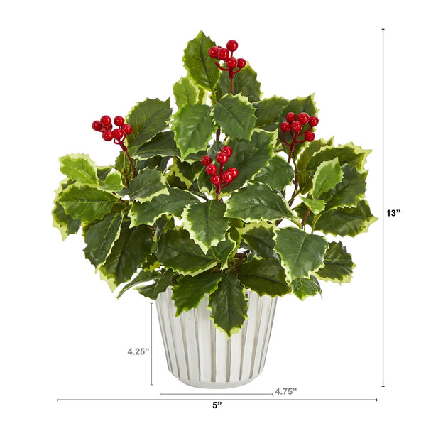 13” Variegated Holly Leaf Artificial Plant in White Planter with Silver Trimming (Real Touch)