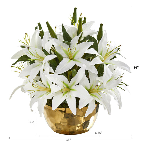 14” Lily Artificial Arrangement in Gold Vase