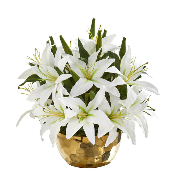 14” Lily Artificial Arrangement in Gold Vase