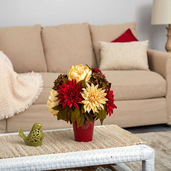 14” Peony, Hydrangea and Dahlia Artificial Arrangement in Burgundy Vase